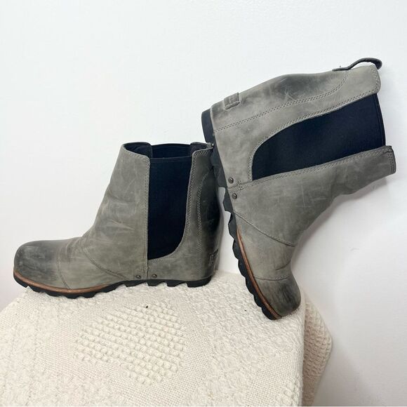 Sorel Lea leather wedge ankle boot booties gray factory distressed round toe - Picture 7 of 9